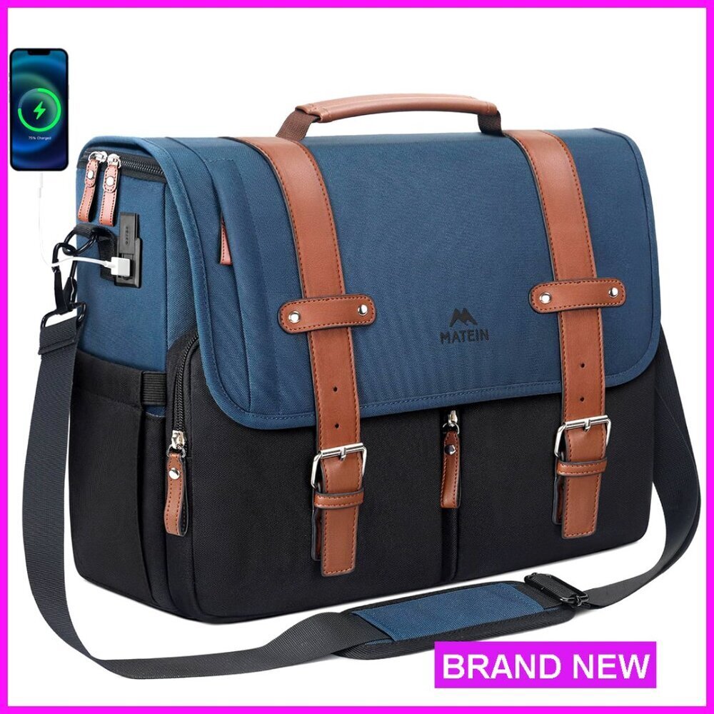 Large 15.6 Inch Laptop Messenger Bag with USB Charging Port, Water Resistant
